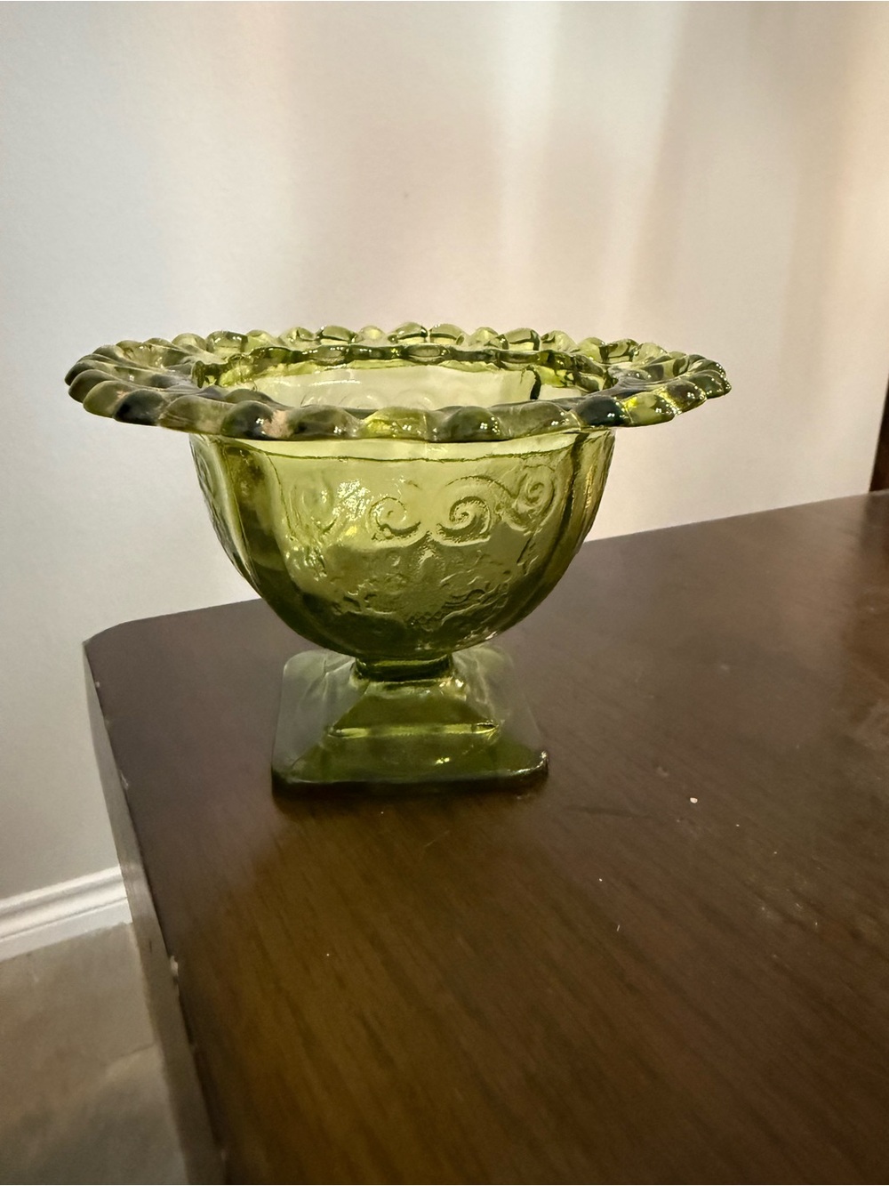 Indiana Glass Lorain Avocado Green Open Lace Edge Pedestal Trinket Dish Vintage